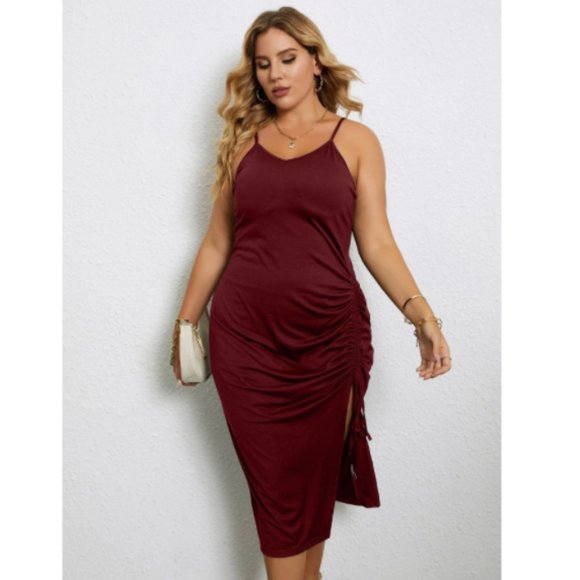 Plus Drawstring Front Split Thigh Cami Dress – Burgundy (16) - Picture 1 of 13
